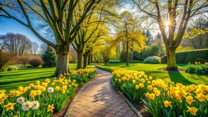 Vibrant yellow daffodils and blooming trees surround a winding brick path in a lush green garden on a sunny March spring morning.