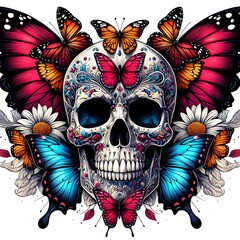 Wall Mural - Skull with butterflies and flowers design work