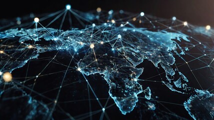 New LIght World map with glowing lines and city lights Global network concept 3D Rendering generative ai	