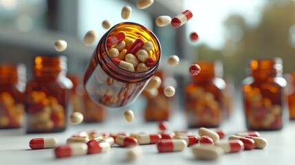 Colorful capsules tumble into the air from a jar, creating a lively display of medicine