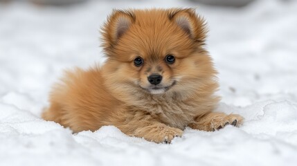 A small Pomeranian puppy relaxes in a snowy wonderland, soaking up winter's tranquility