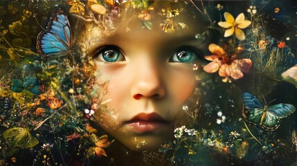 A captivating portrait of a child surrounded by vibrant flowers and butterflies, evoking a sense of wonder and innocence.