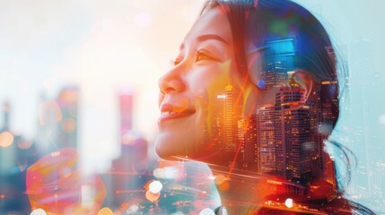 Portrait of a smiling businesswoman in double exposure, embodying ambition and career goals within an architectural context