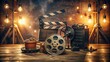 © Sirinporn - Vintage-style film clapperboard sits on a rustic wooden table surrounded by rolls of film, cameras, and lights in a dimly lit movie production studio setting.
