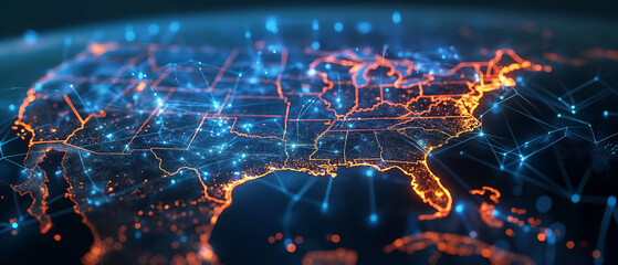 Wall Mural - glowing lights structure superimposed over a map of North America, nodes representing key data center