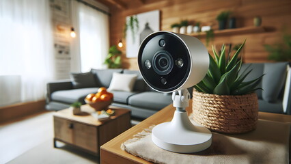 Close-up view of a modern home security camera monitoring vigilantly