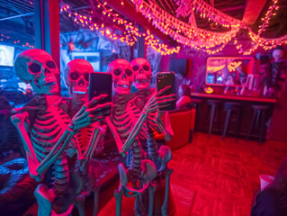 Wall Mural - A group of skeletons are taking selfies in a room with red lighting. Scene is eerie and spooky