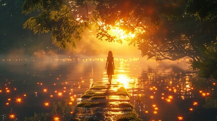 Wall Mural - Woman Walking on a Path of Stones Towards a Golden Sunset