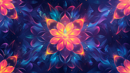 Wall Mural - A mesmerizing abstract pattern with a central flower-like design radiating vibrant blues, purples, and pinks, surrounded by swirling shapes, creating a sense of depth and motion.