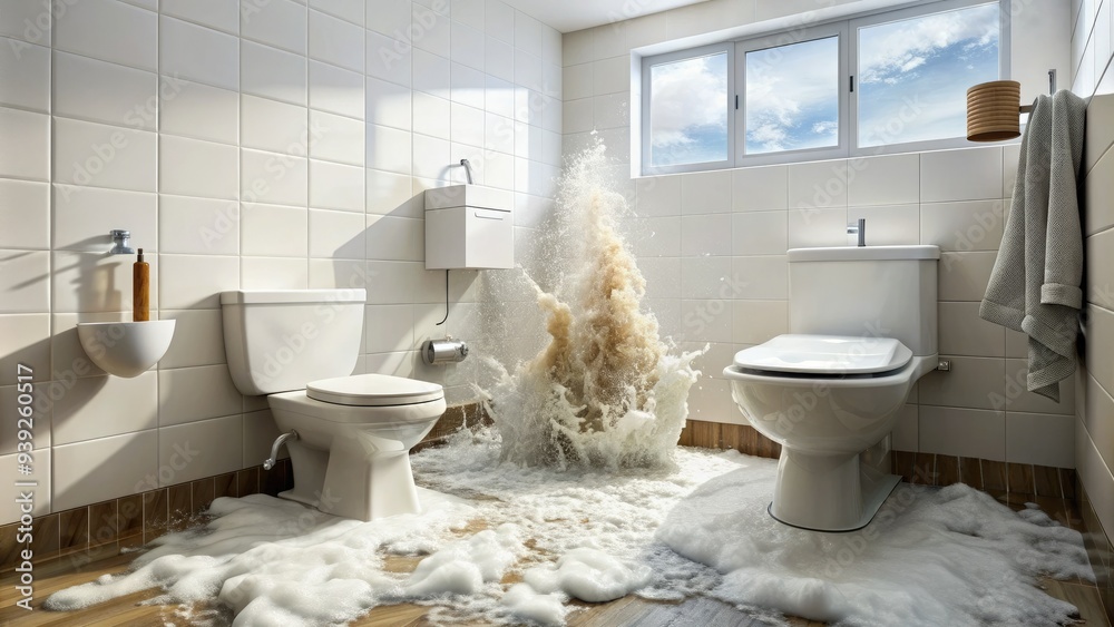 Water gushes out of a burst pipe, flooding a dirty white tiled bathroom ...