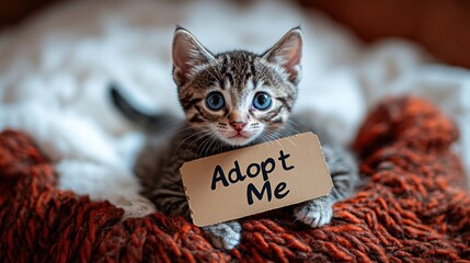 Wall Mural - A cute kitten holds a sign begging for a loving home while snuggled in a soft blanket