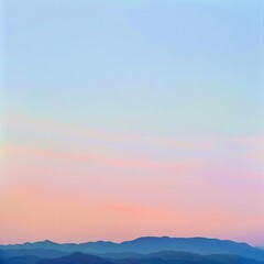 serene sunset over distant mountains with a colorful sky blending soft pastel hues of pink, blue, an