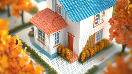 Wall Mural - Charming Eco-Homes Animation, vibrant small homes in blue, orange, yellow, surrounded by greenery, featuring graphics on energy efficiency and sustainable living practices