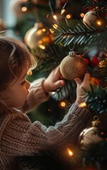 Child decorating Christmas tree with golden bauble, warm lights and festive atmosphere, capturing holiday spirit.