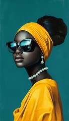 An elegant portrayal of a woman adorned with pearls and glasses, dressed in yellow attire and headwrap, set against a teal background.