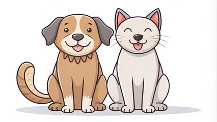 Whimsical illustration of a happy dog and cat sitting together on a white background, created with simple black lines and minimal color accents.