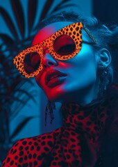 Canvas Print - An artistic side profile of a person wearing large leopard print glasses, featuring bold lighting and a stylized background.