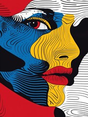 Canvas Print - An abstract art illustration showing a woman's face, rich with intricate lines and vibrant colors that create a visually engaging pattern.