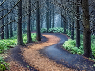 Wall Mural - A winding road through a forest with trees on both sides. The road is covered in leaves and the trees are bare