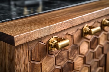 A close-up view of a wooden cabinet door with intricate details.