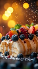 A close-up of a delicious dessert with whipped cream, fresh berries, and a drizzle of honey on a dark surface with a blurred background of golden lights.