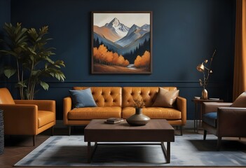 digital painting, A cozy living room with a large framed landscape painting on the wall, featuring a mountainous scene with orange and yellow autumn foliage.