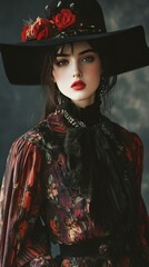 This elegant image shows a woman dressed in a Victorian-style floral dress and wide-brim hat adorned with roses, set against a dark, moody backdrop.