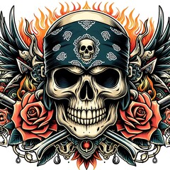 Wall Mural - Skull with bandanand roses design lively