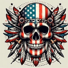 Wall Mural - Skull with feathers and flag americus