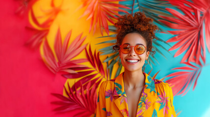 Wall Mural - Creative portrait of a young, smiling, and confident girl with sunglasses, standing in front of a colorful background with summer elements, in the spirit of the Mediterranean and tropical days