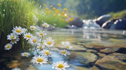 Wall Mural - A serene water scene with daisies and a gentle stream, evoking tranquility and nature's beauty.