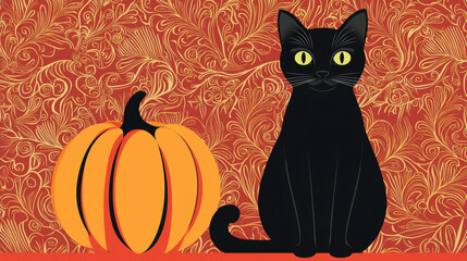 Wall Mural - Black Cat and Pumpkin Illustration with Ornate Background for Halloween and Autumn Themes