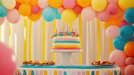 A birthday party setup with colorful balloons, a decorated cake, and streamers hanging from the ceiling