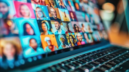 Wall Mural - Close-up of a laptop screen showing a virtual celebration. 