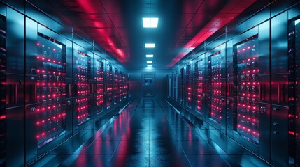 Wall Mural - A state-of-the-art data center filled with servers, illuminated by striking blue and red lights, emanating a high-tech, secure environment.