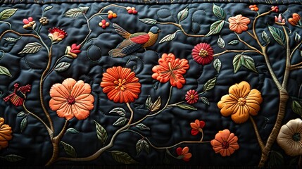 Canvas Print - Intricate Floral Embroidery on Fabric: A Detailed Close-Up