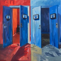 Two rooms with contrasting blue and red doors connected by wires, symbolizing modern digital society and contrasting elements through artistic expression.