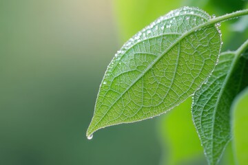 Wall Mural - Detailed perspective of a soybean leaf sparkling with early dew, positioned against a gently faded background