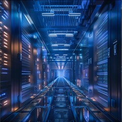 Canvas Print - A high-tech data center featuring a corridor with blue lights, modern servers, and a futuristic ambiance, epitomizing advanced technology.