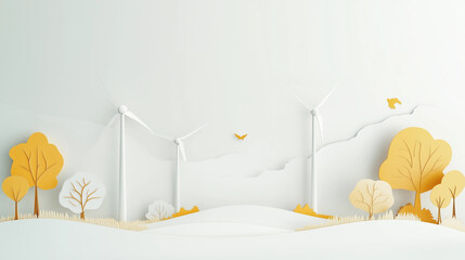 3d paper cut landscape wind turbines yellow trees white background eco-friendly renewable energy con