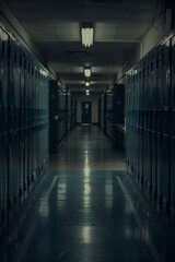 Canvas Print - A darkened school hallway with rows of lockers and a single door in the distance, instilling a mood of solitude and academic stillness.