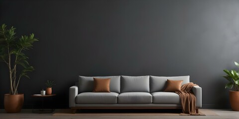 A gray sofa with brown throw pillows in a dark room with a plain wall background.