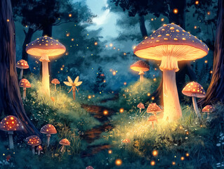 Wall Mural - A forest scene with glowing mushrooms and a fairy. Scene is whimsical and magical