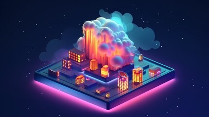 Aufkleber - Isometric cloud storage for downloading, representing a digital service or application facilitating data transmission. It embodies network computing technologies, showcasing a futuristic server