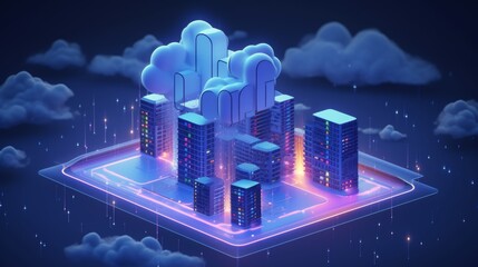 Aufkleber - Isometric cloud storage for downloading, representing a digital service or application facilitating data transmission. It embodies network computing technologies, showcasing a futuristic server