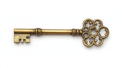 Antique golden key, isolated on white background, with clipping path included for easy editing and compositing. 