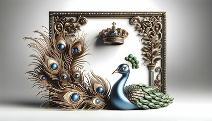 3D Peacock Feather and Crown Border Frame concept as Horizontal frame with a peacock feather on one side and a crown on the other creating an elegant and royal Dussehra themed copy space focusing on b