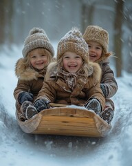 Wall Mural - Three children joyfully sledding down a snowy hill in a winter forest during a light snowfall