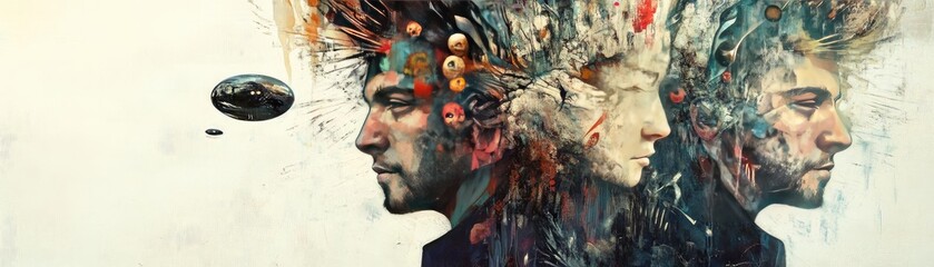 Naklejka na meble A creative portrait depicting abstract thoughts and emotions through expressive colors and textures in a surrealistic style.