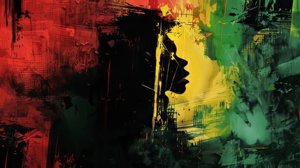 Wall Mural - A powerful artistic image portraying a woman's silhouette set against a textured and colorful background featuring red, yellow, and green shades.